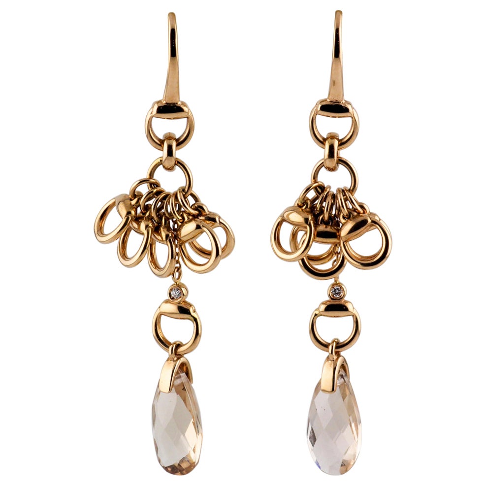 Gucci Horsebit Briolette Morganite Diamond 18k Rose Gold Drop Dangle Earrings For Sale