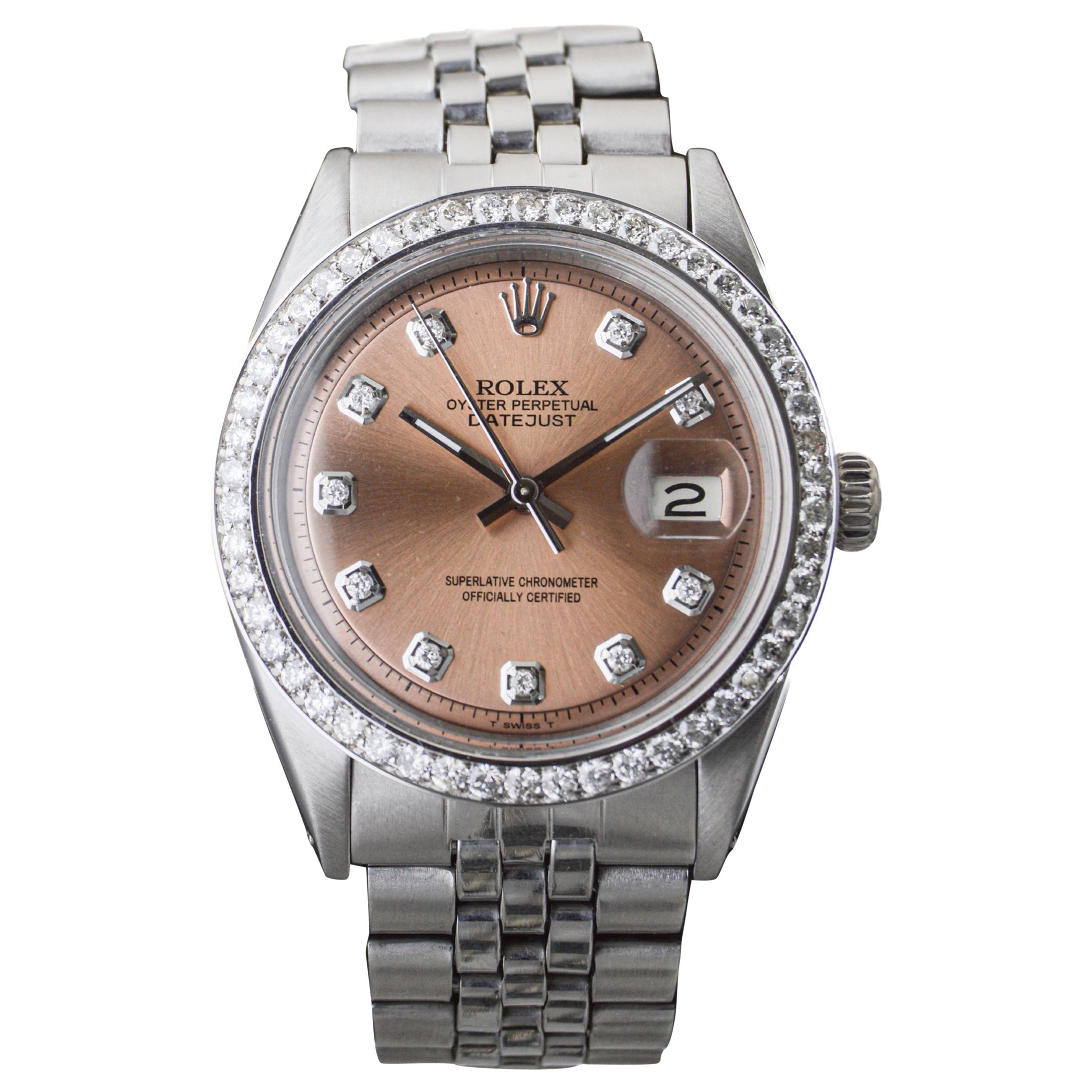 Rolex Stainless Steel Datejust Custom Finished Dial Diamond Bezel, circa 1970's For Sale