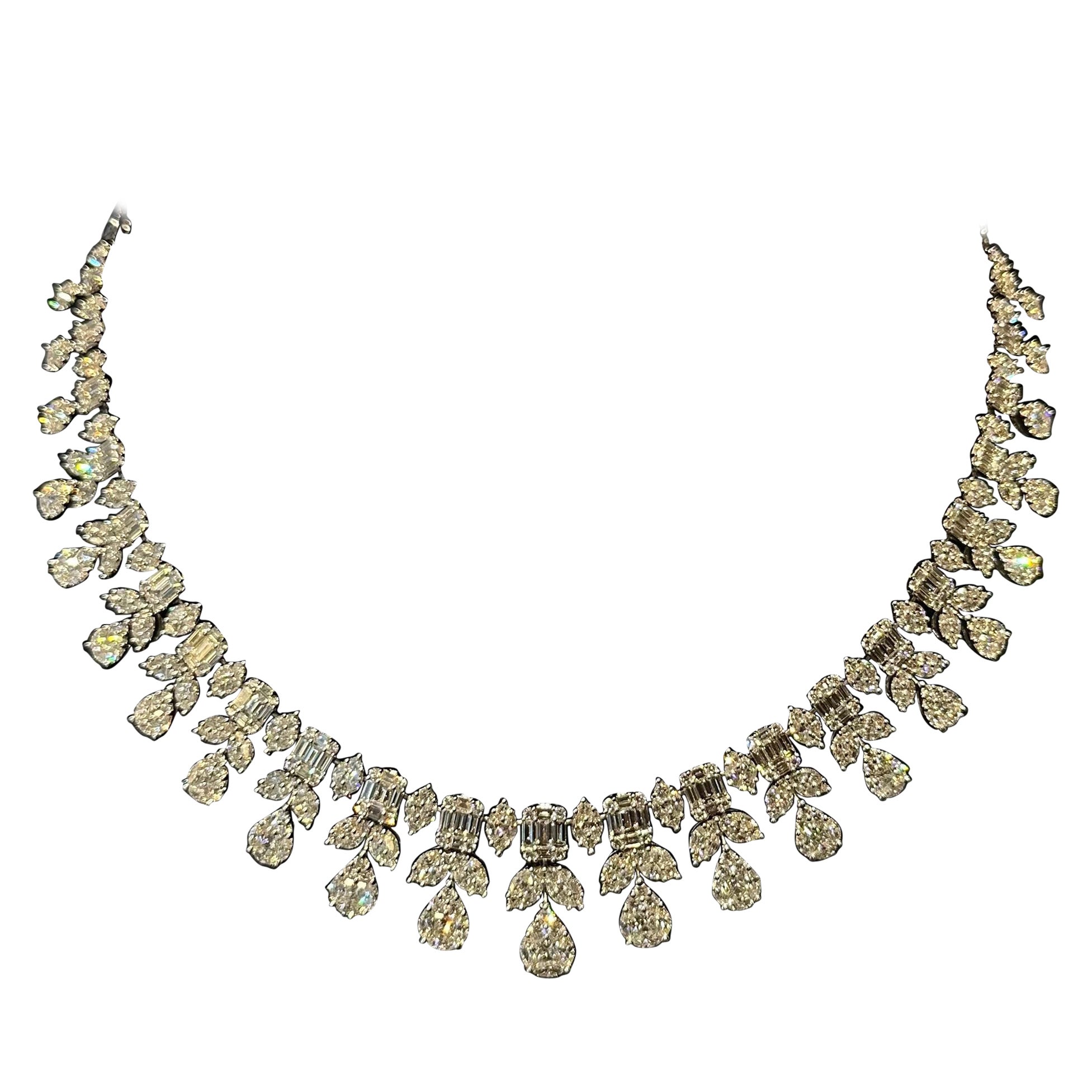 Majestic 45 Carat Diamond Cascading Princess Necklace in 18 Karat White Gold For Sale