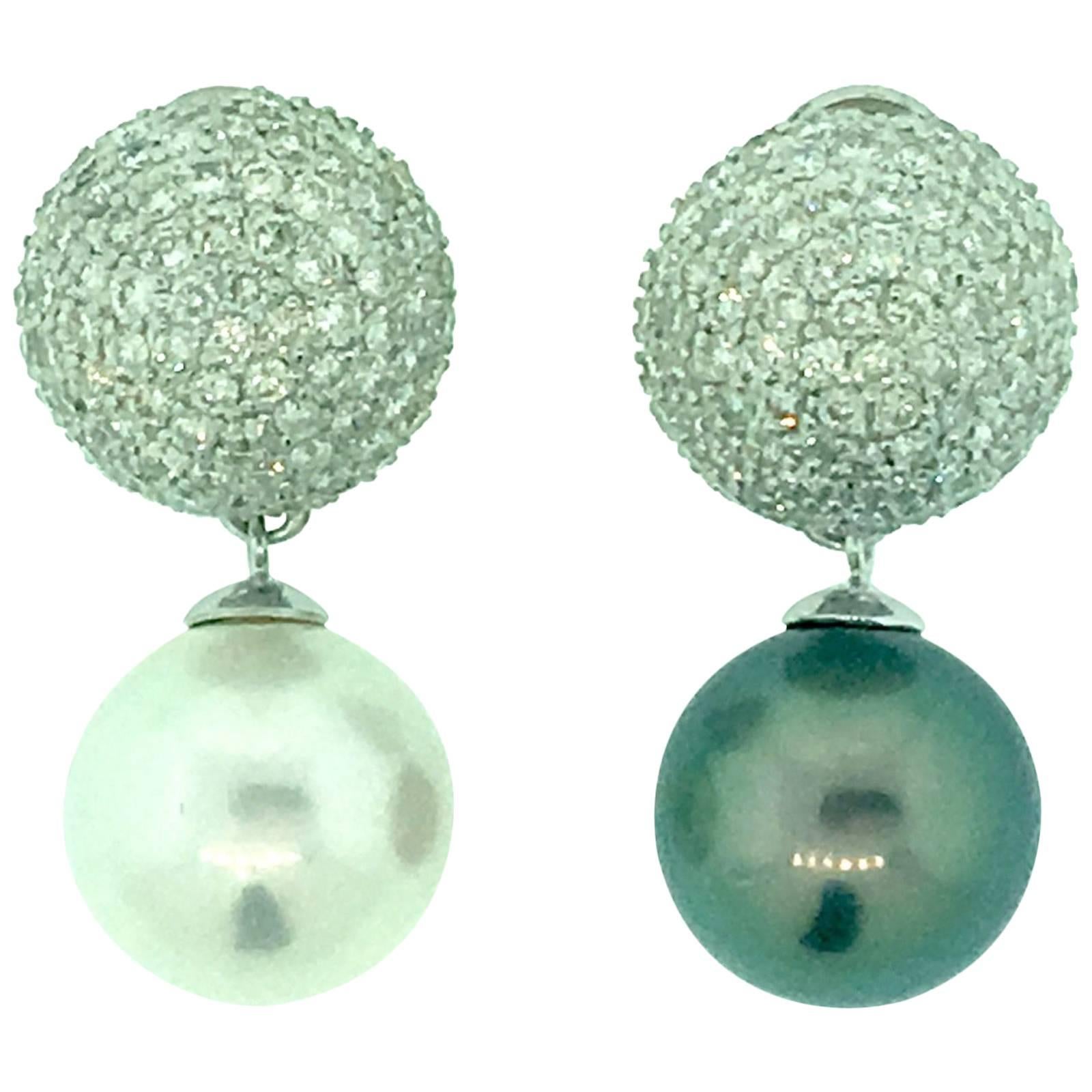 Diamond Pave Earrings with Black & White Tahitian Pearl in 18k and Platinum For Sale