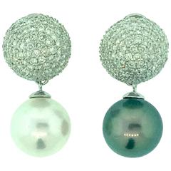 Diamond Pave Earrings with Black & White Tahitian Pearl in 18k and Platinum