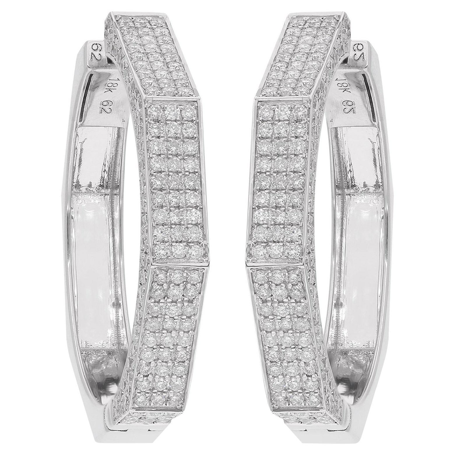 Natural 2.17 Carat Pave Diamond Hoop Earrings 18 Karat White Gold Fine Jewelry For Sale