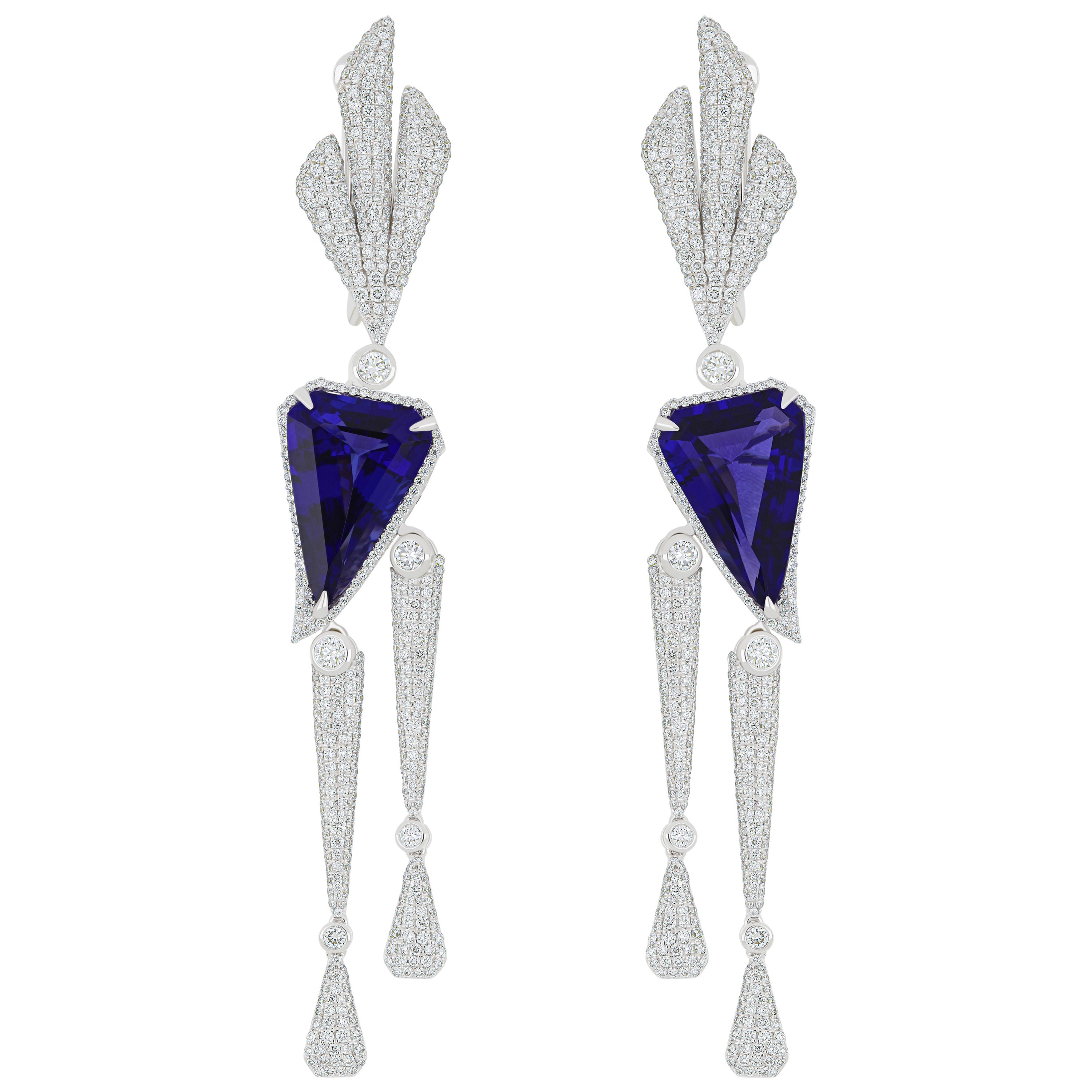 Tanzanite and Diamond Studded Earrings in 18K white Gold Drop Dangle Earring For Sale