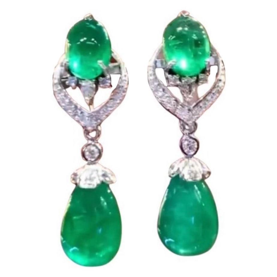 AIG Certified 38.86 Carats Zambian Emeralds Diamonds 18K Gold Earrings  For Sale