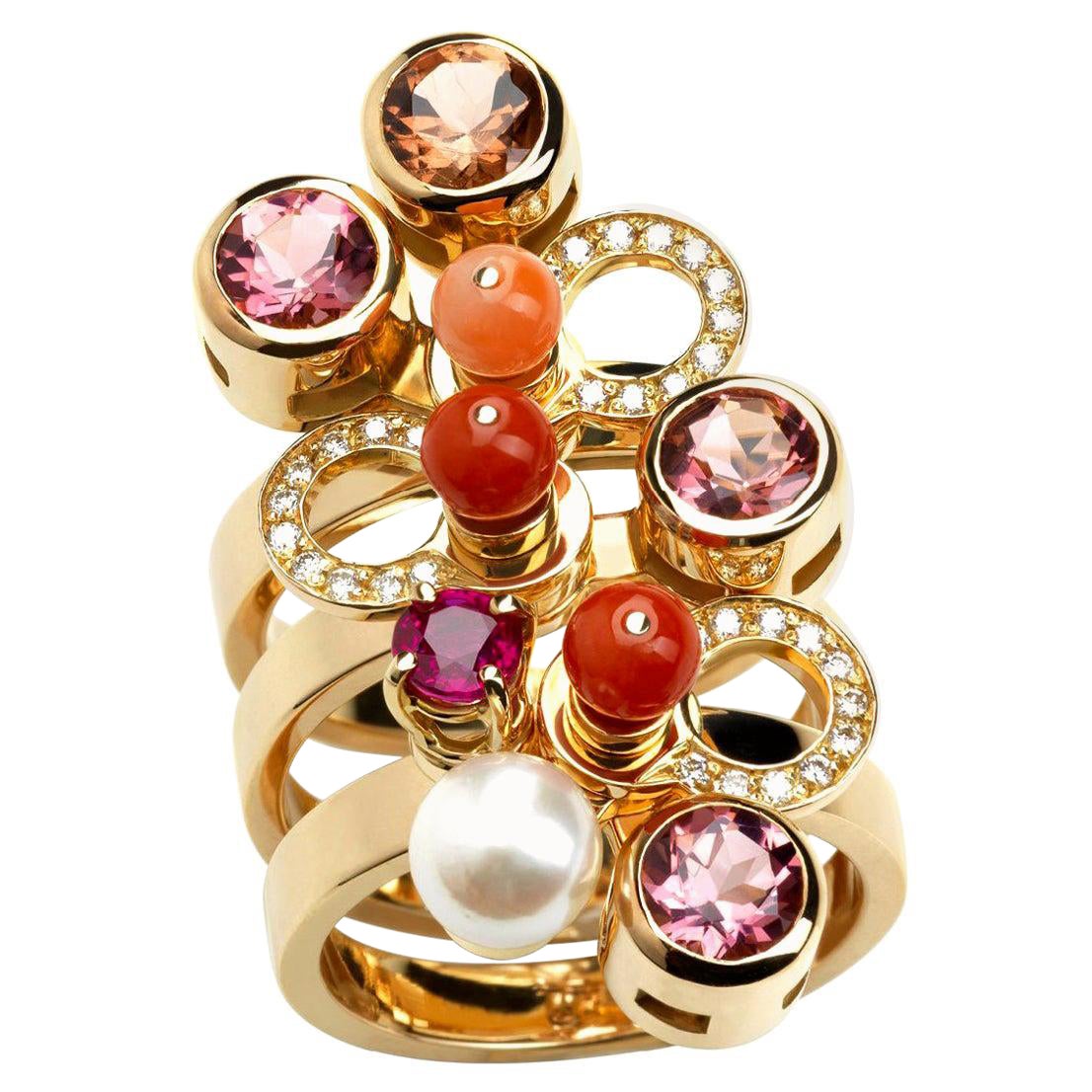 Nathalie Jean Diamond Ruby Tourmaline Pearl Gold Carnelian Cocktail Ring