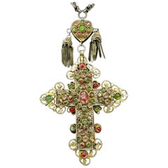 Monumentale juwelenbesetzte 7 Zoll Bishop Cross And Heart Halskette 46 Zoll Silberkette