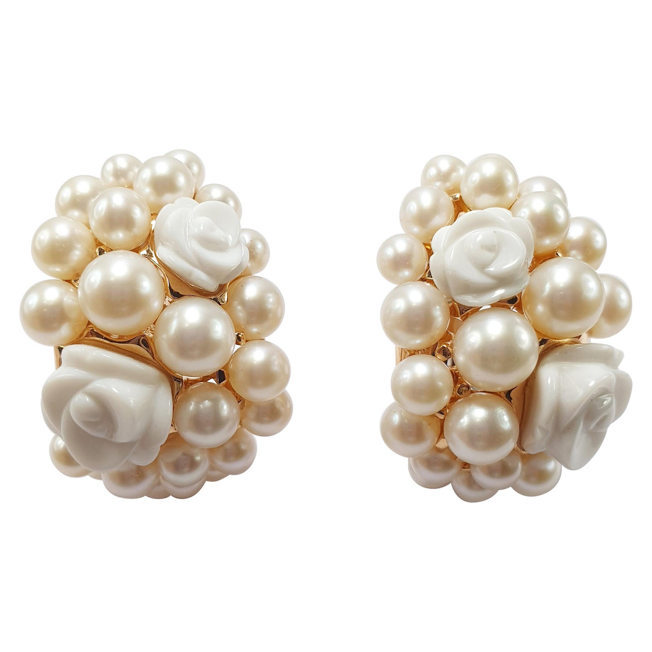Mimi Milano 18 Karat Rose Gold Earrings with Agate Flowers and Pearls For Sale