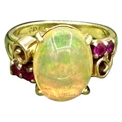 4 Carat Mexican Fire Opal Ruby Ring 14 Karat Gold Art Deco Retro Cocktail Ring