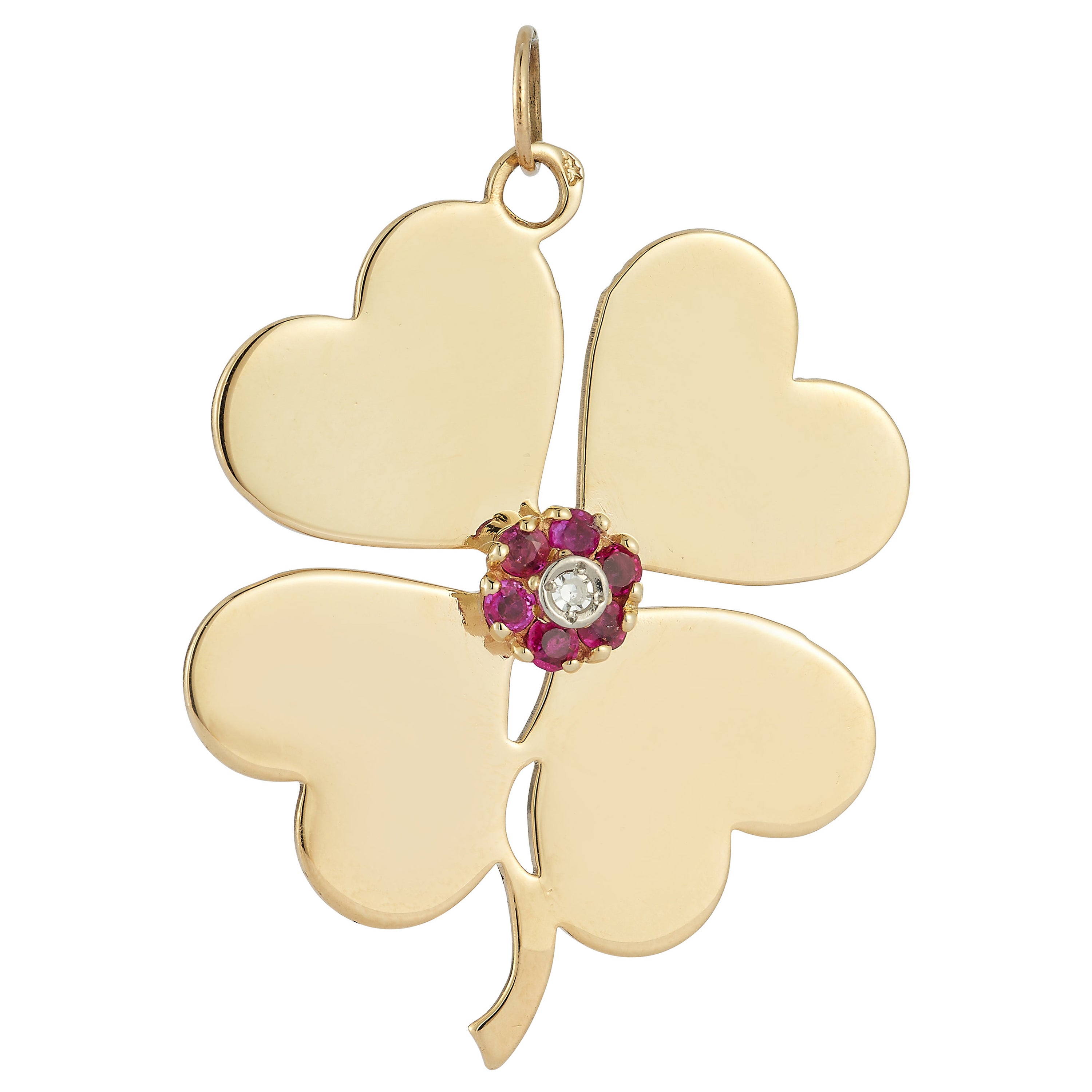 Vintage Large 14k Gold Ruby and Diamond Heart Clover Pendant Charm For Sale