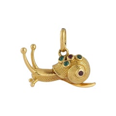 Vintage 18k Yellow Gold Ruby and Emerald Highly Detailed Snail Charm