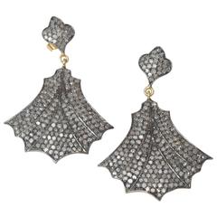 Pair of Flaired Pave Set Diamond Oxidized Sterling Gold Earrings 8
