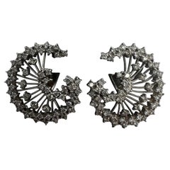 14K White Gold Diamond Flower Circle Leaver Back Earrings