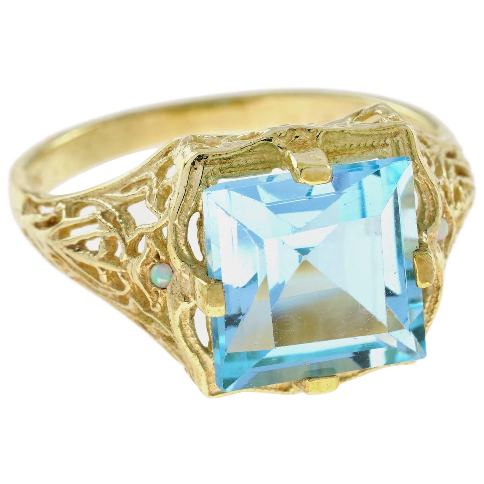 For Sale:  Natural Square Blue Topaz and Opal Vintage Style Filigree Ring in Solid 9K Gold