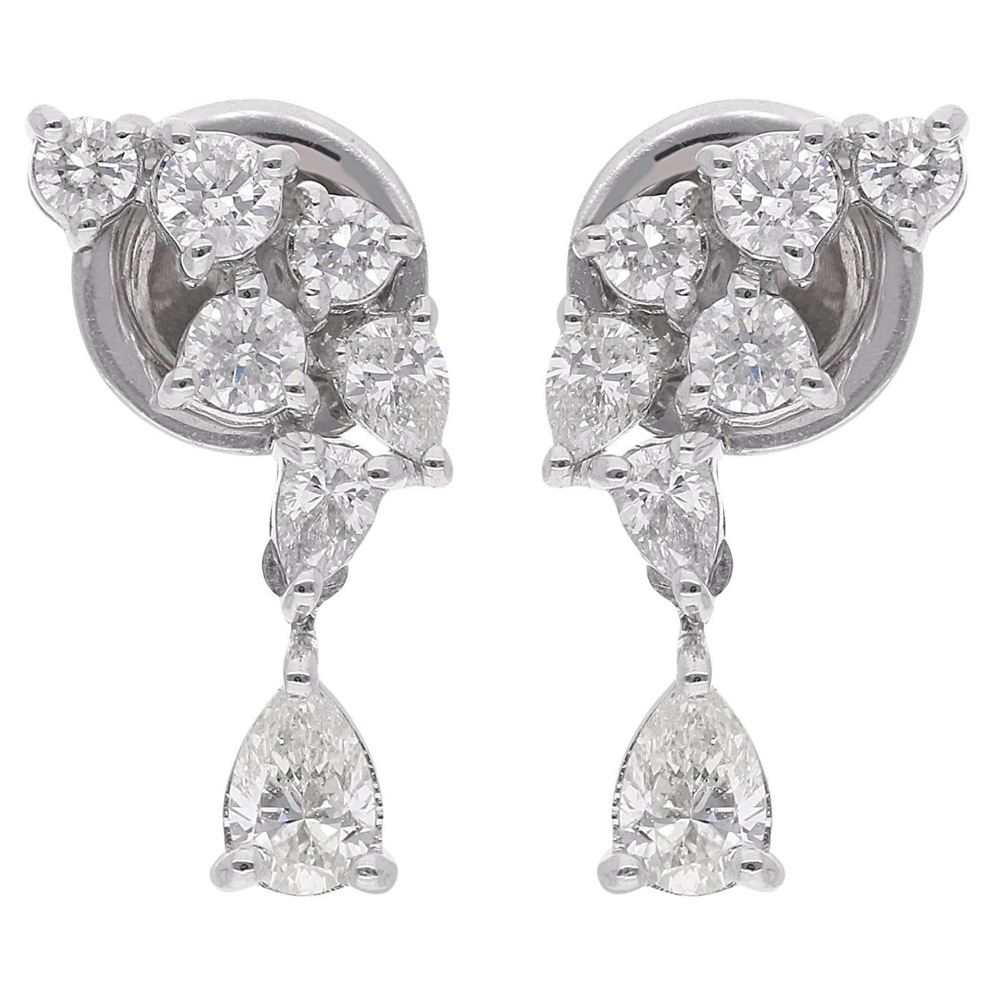 Real 0.86 Carat Pear & Round Diamond Dangle Earrings 14 Karat White Gold Jewelry