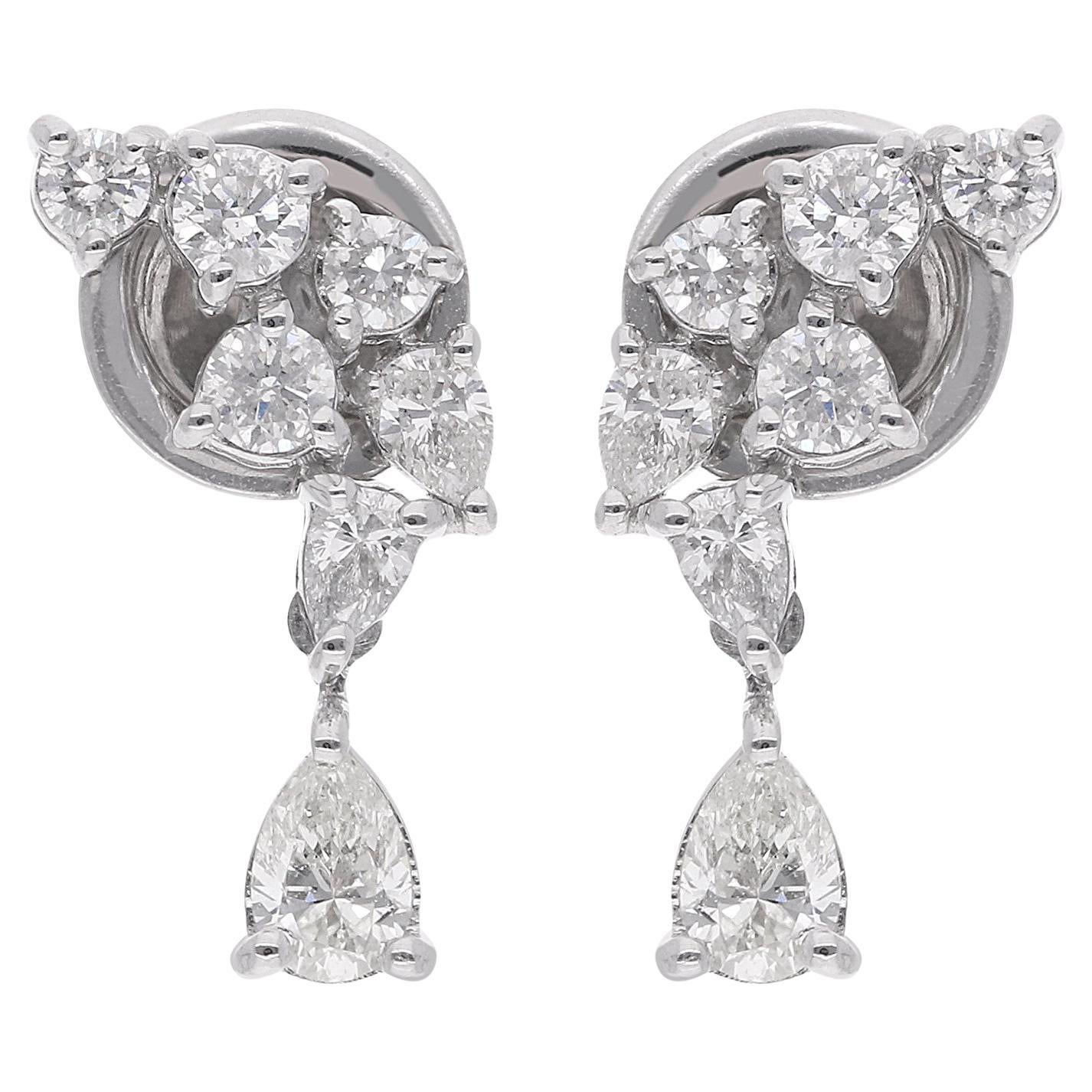 Real 0.86 Carat Pear & Round Diamond Dangle Earrings 14 Karat White Gold Jewelry