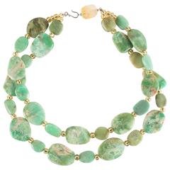 Two Strand Necklace of Flat Polished Chrysoprase Uneven Pieces 12
