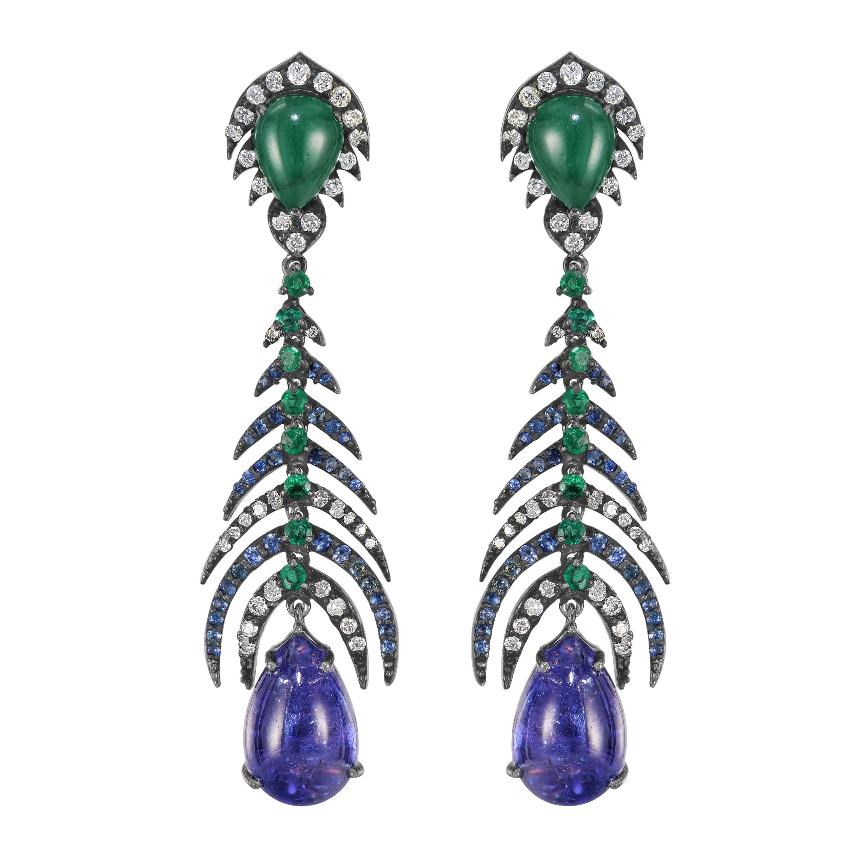 Victorian 17.92 Cttw. Tanzanite, Diamond, Emerald and Sapphire Dangle Earrings