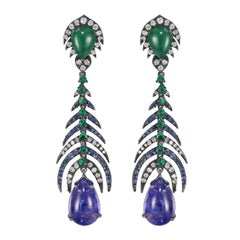 Victorian 17.92 Cttw. Tanzanite, Diamond, Emerald and Sapphire Dangle Earrings