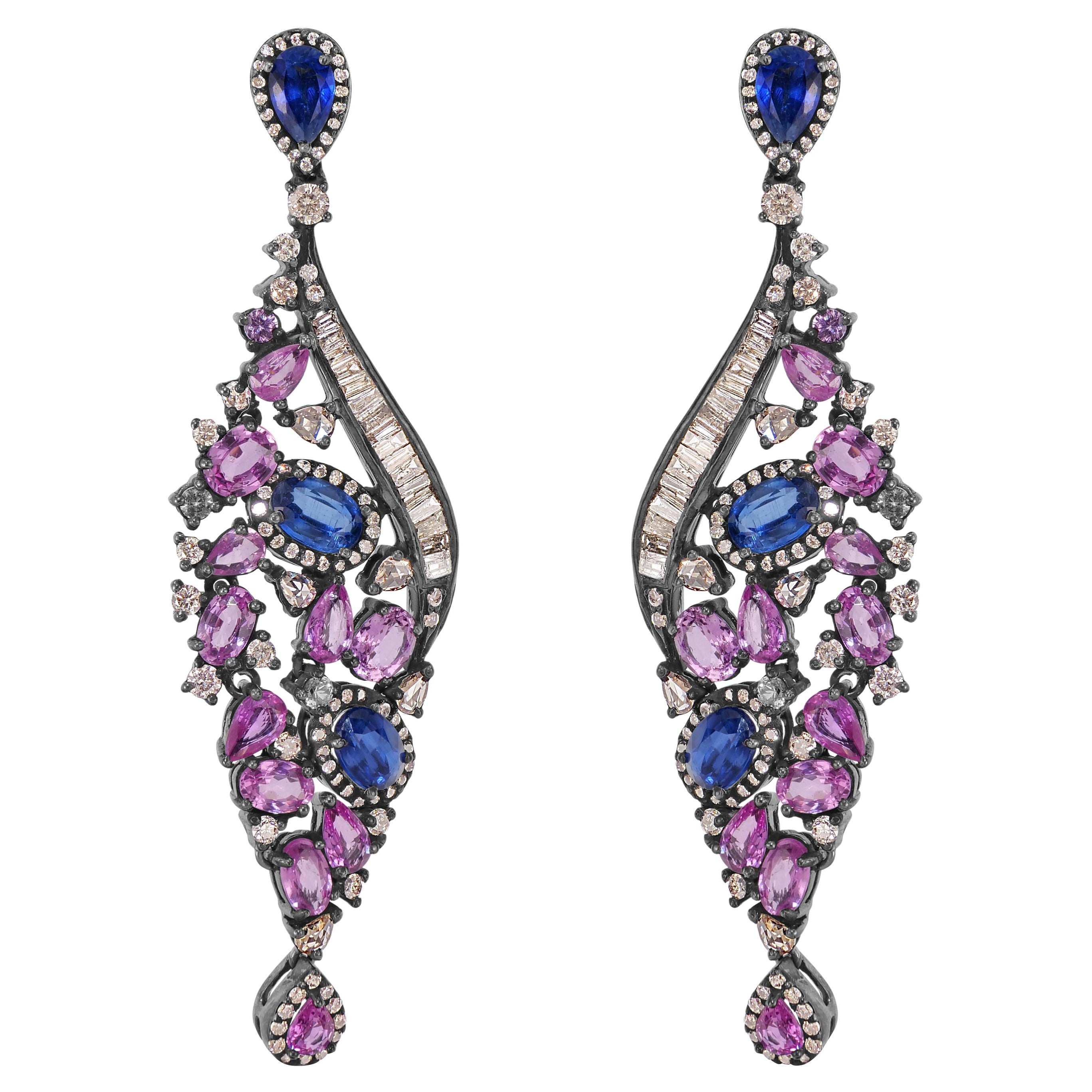 Victorian 13.72 Cttw. Pink Sapphire, Kyanite and Diamond Dangle Earrings  For Sale