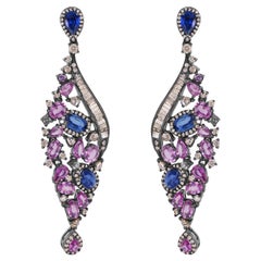 Victorian 13.72 Cttw. Pink Sapphire, Kyanite and Diamond Dangle Earrings 