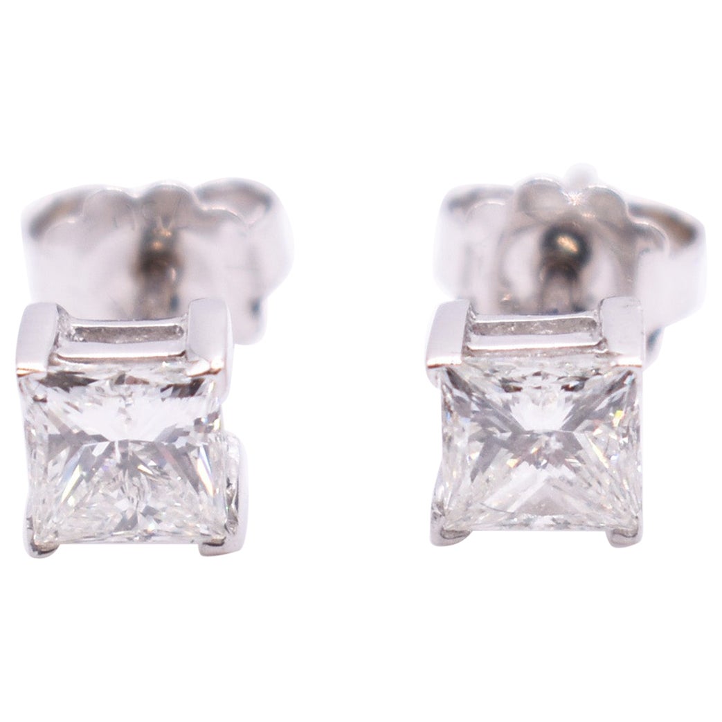GIA Certified 18k White Gold 1.60ct Pair of Princess Cut Diamond Earrings For Sale