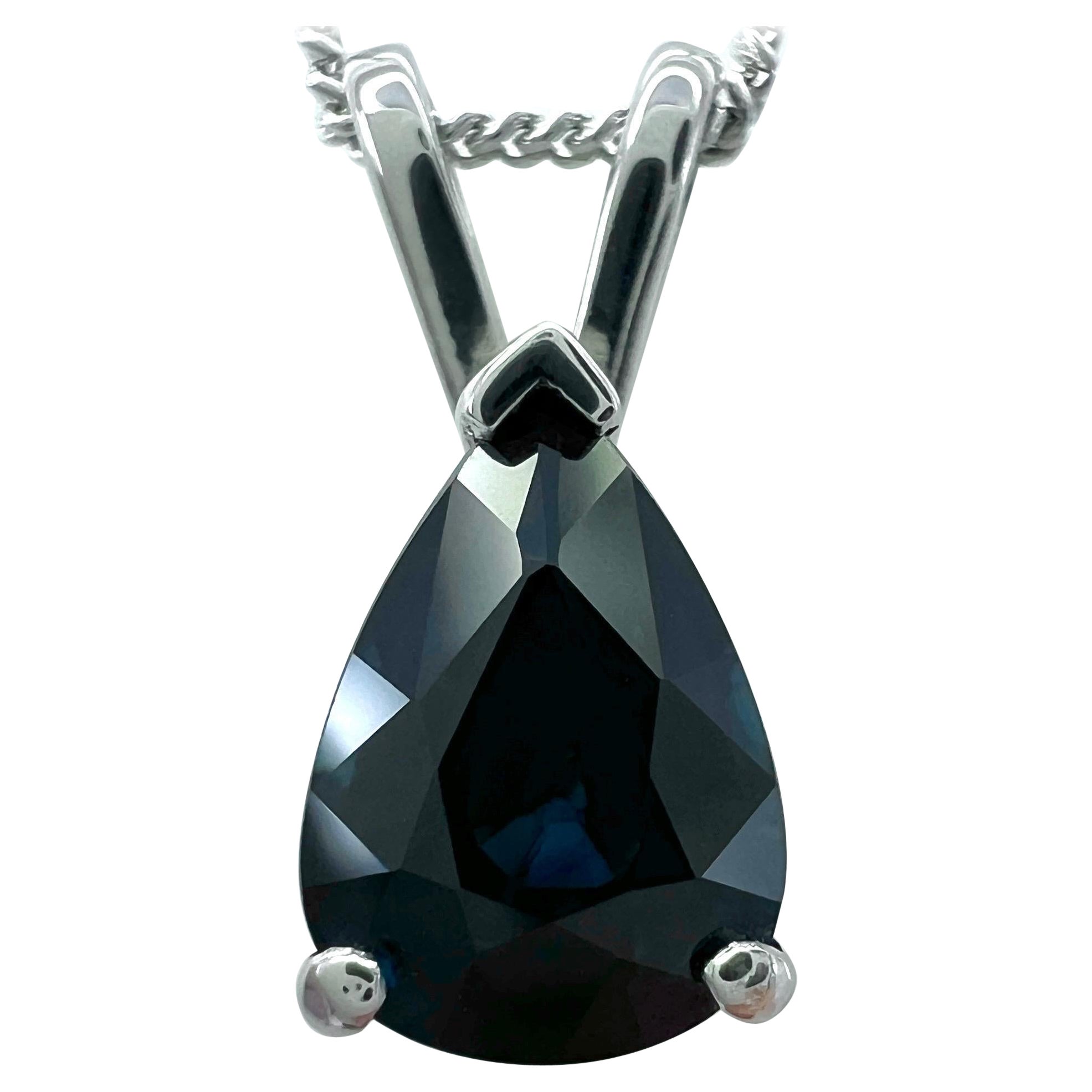 GIA Certified 1.17ct Untreated Deep Blue Sapphire Pear 18k White Gold Pendant