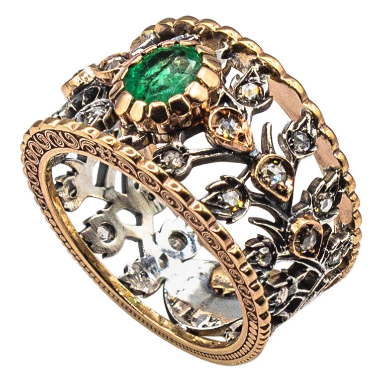 Art Deco Style White Rose Cut Diamond Oval Cut Emerald Yellow Gold Ring For Sale