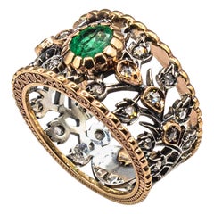 Retro Art Deco Style White Rose Cut Diamond Oval Cut Emerald Yellow Gold Ring