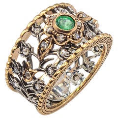 Vintage Art Deco Style White Rose Cut Diamond Round Cut Emerald Yellow Gold Ring