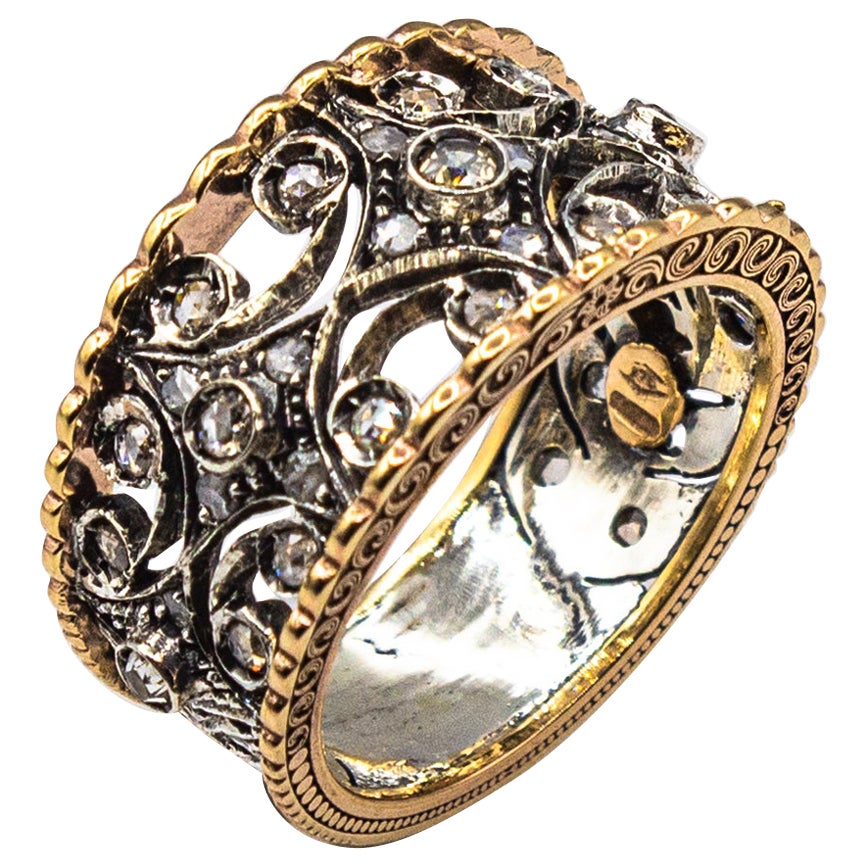 Gelbgoldring im Art-déco-Stil mit handgefertigtem weißem Diamanten im Rosenschliff im Angebot