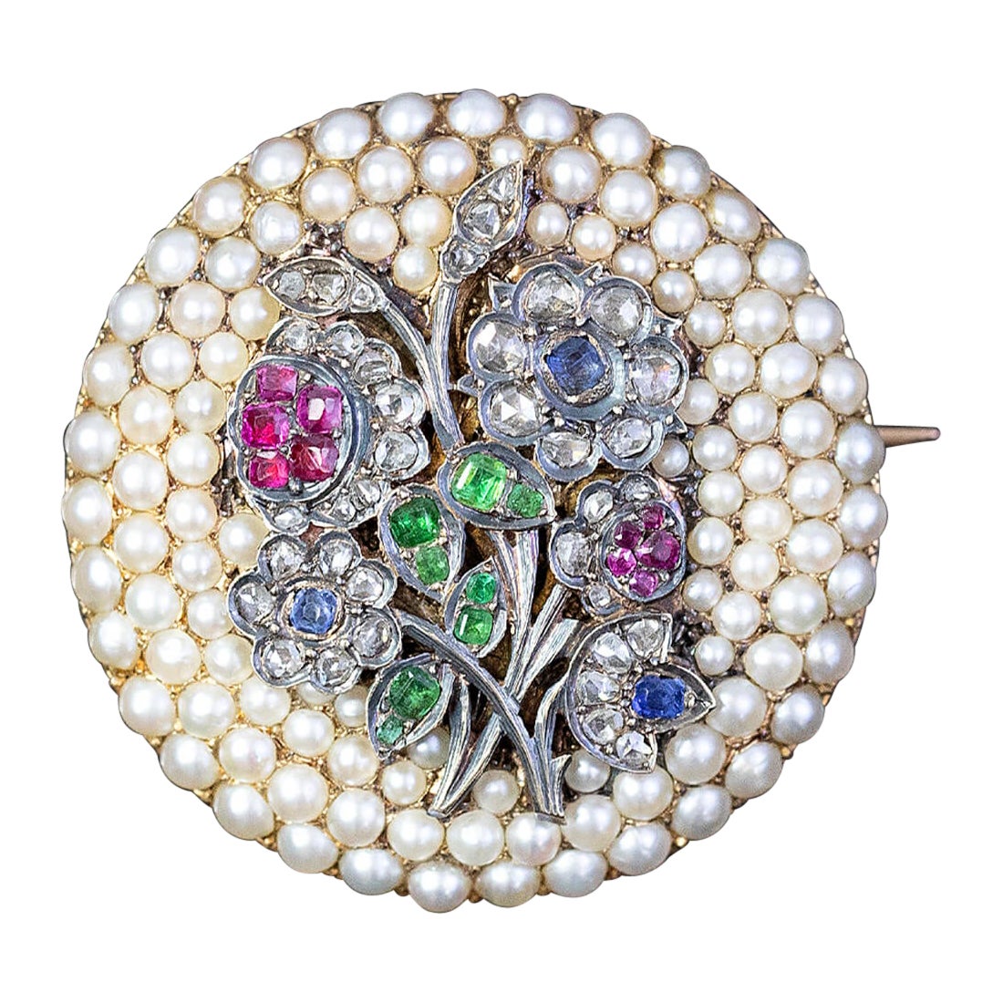 Belle Epoque Pearl & Gemstone Bouquet Brooch Circa 1900 - French Hallmarked For Sale