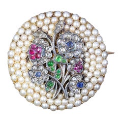 Broche Belle Epoque Bouquet de perles et pierres précieuses Circa 1900 - French Hallmarked