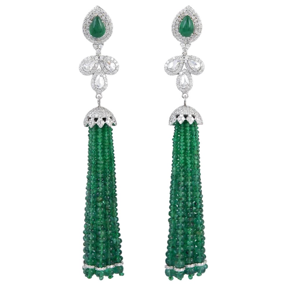 58.85ct Emerald Tassel Earrings With Diamonds Made In 18k Gold For Sale