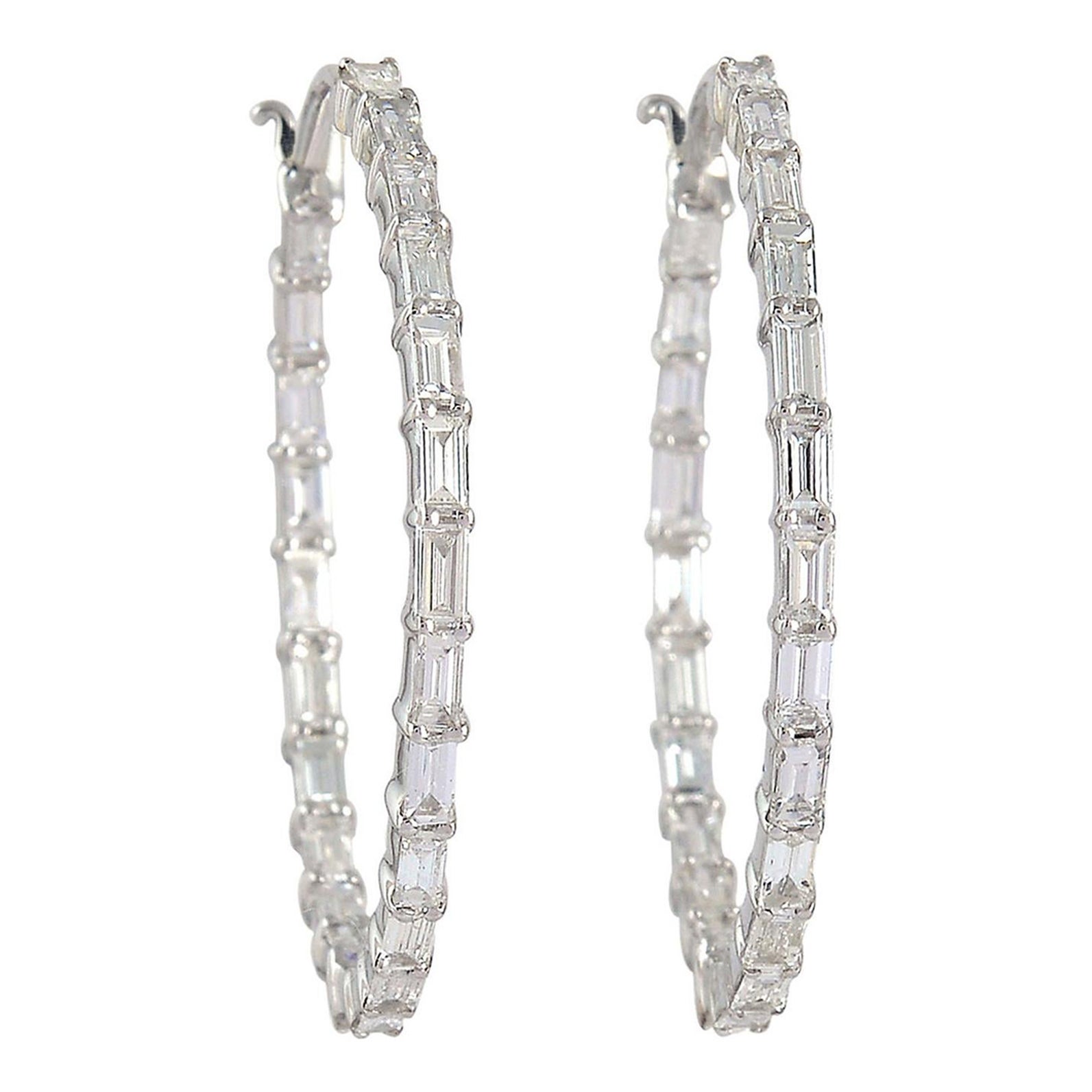 Chic Baguette Diamond Hoop Earrings in 18k White Gold For Sale