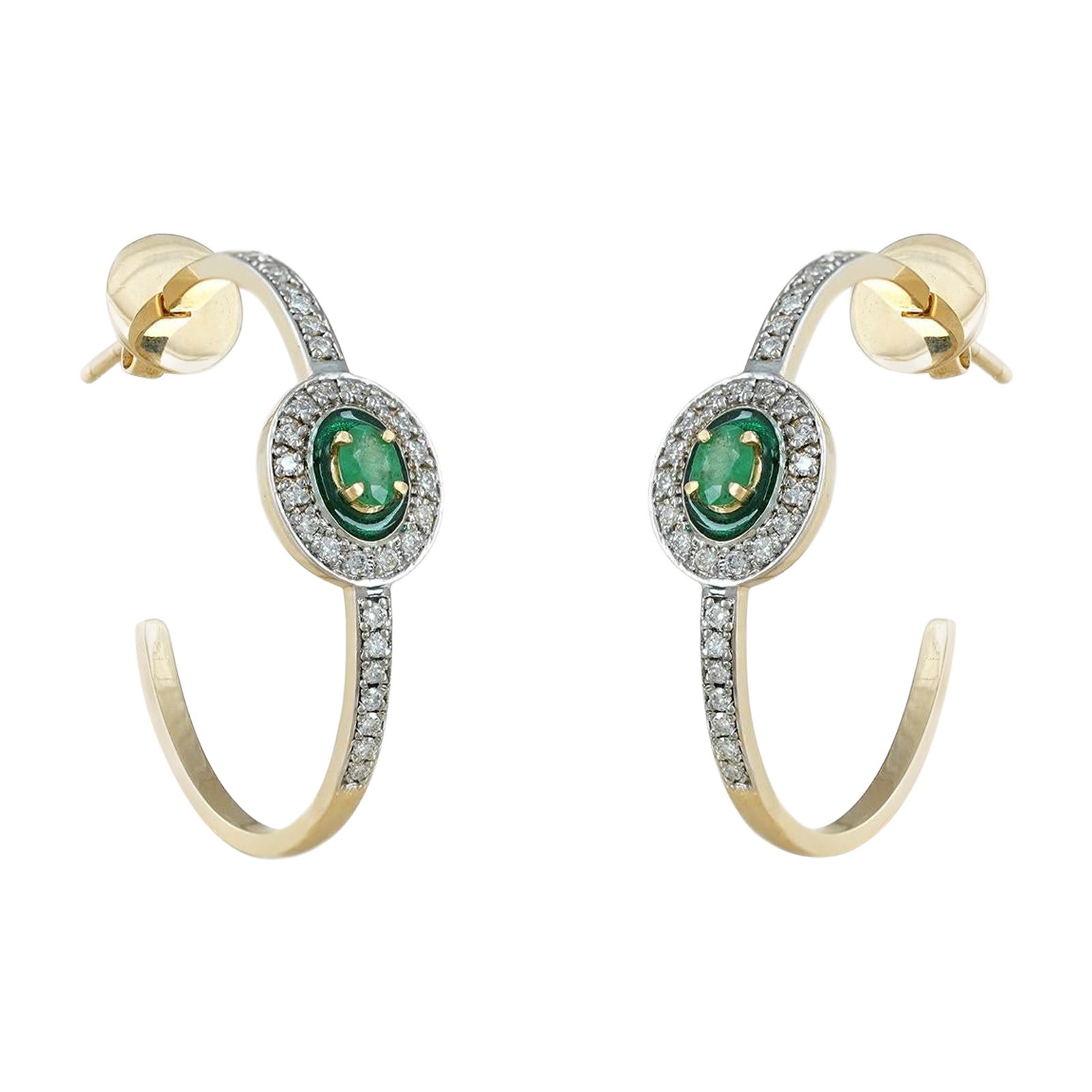 Moi Runa Gold Diamond and Emerald Hoop Earrings For Sale