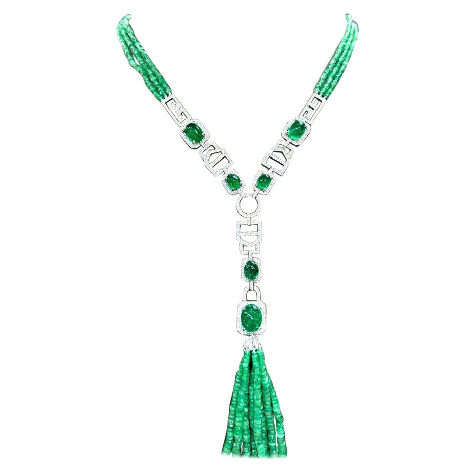 AIG Certified 40.50 Carats Zambian Emeralds  5.50 Ct Diamonds 18K Gold Necklace 