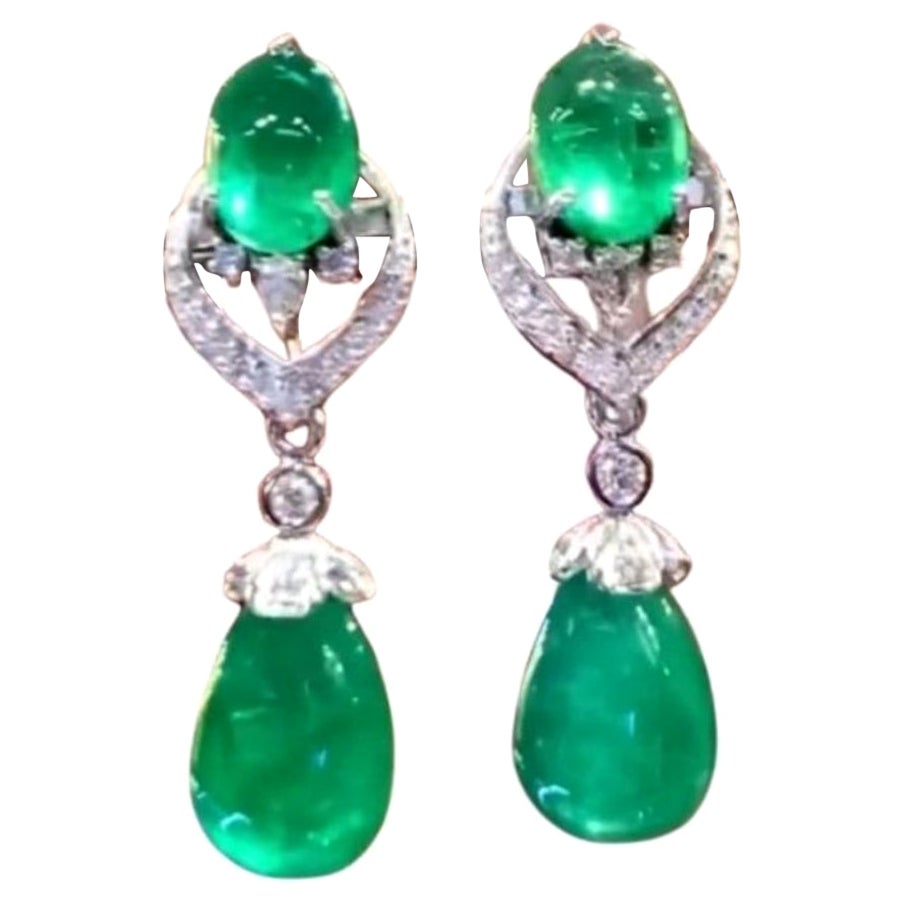 AIG Certified 38.86 Carats Zambian Emeralds Diamonds 18K Gold Earrings 