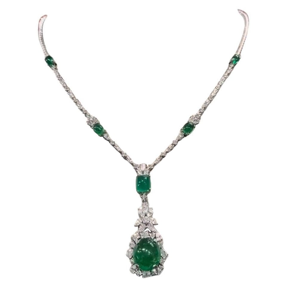 AIG Certified 23.37 Carats Zambian Emeralds  4.77 Ct Diamonds 18K Gold Necklace  For Sale