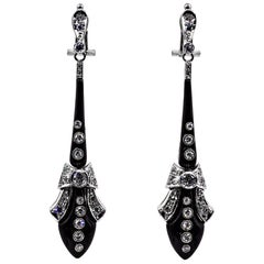 Boucles d'oreilles clips en or blanc avec diamants blancs taillés à la main et onyx de style Art Déco