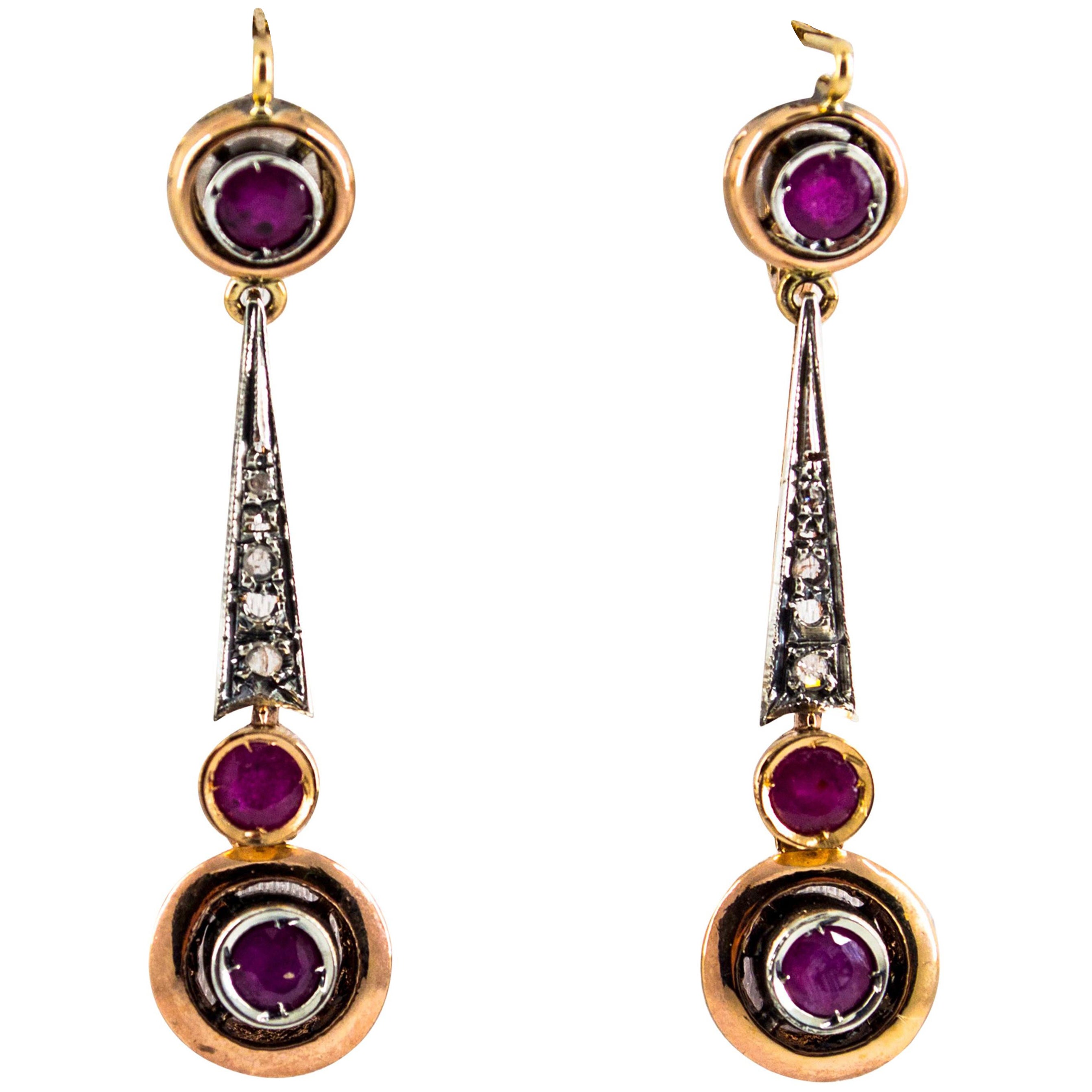 Art Deco Style 1.10 Carat Ruby White Diamond Yellow Gold Lever-Back Earrings For Sale
