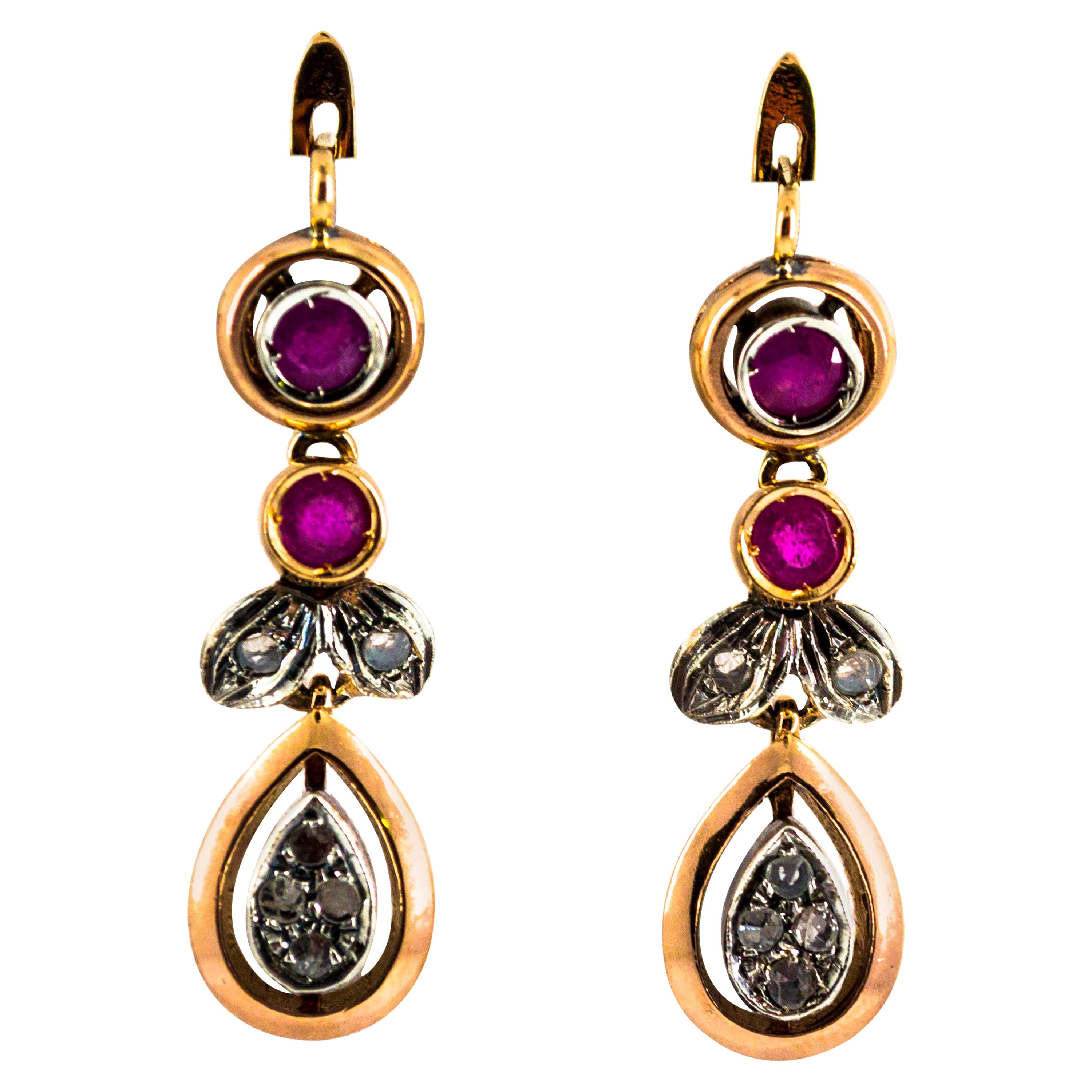 Art Deco Style White Rose Cut Diamond Ruby Yellow Gold Lever-Back Drop Earrings For Sale