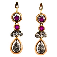Vintage Art Deco Style White Rose Cut Diamond Ruby Yellow Gold Lever-Back Drop Earrings