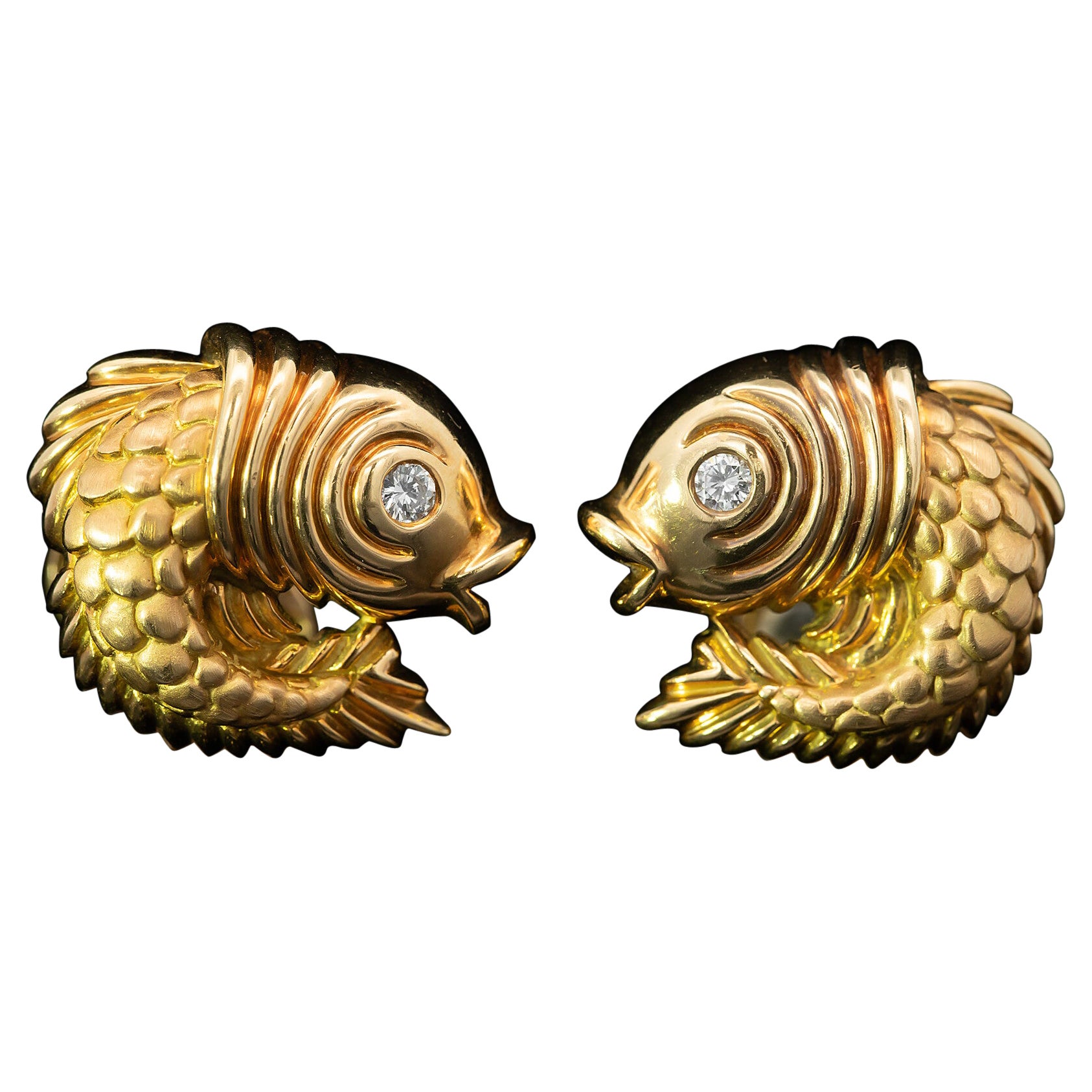 Pair of Diamond Set Gold Fish Cufflinks Circa 1980s For Sale