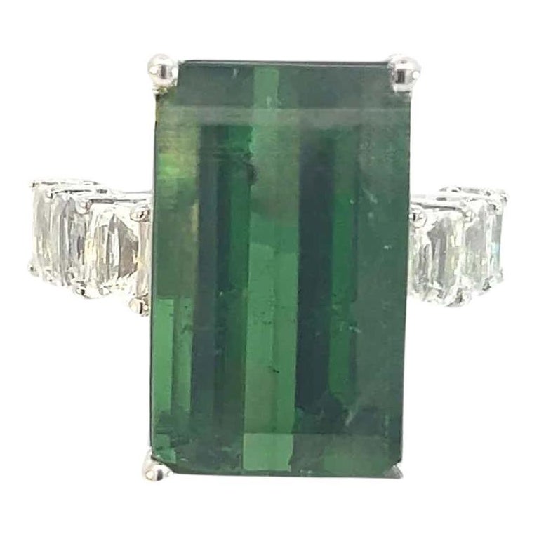 Natural Tourmaline White Sapphire Ring 6.75 14k WG 21.03 TCW Certified