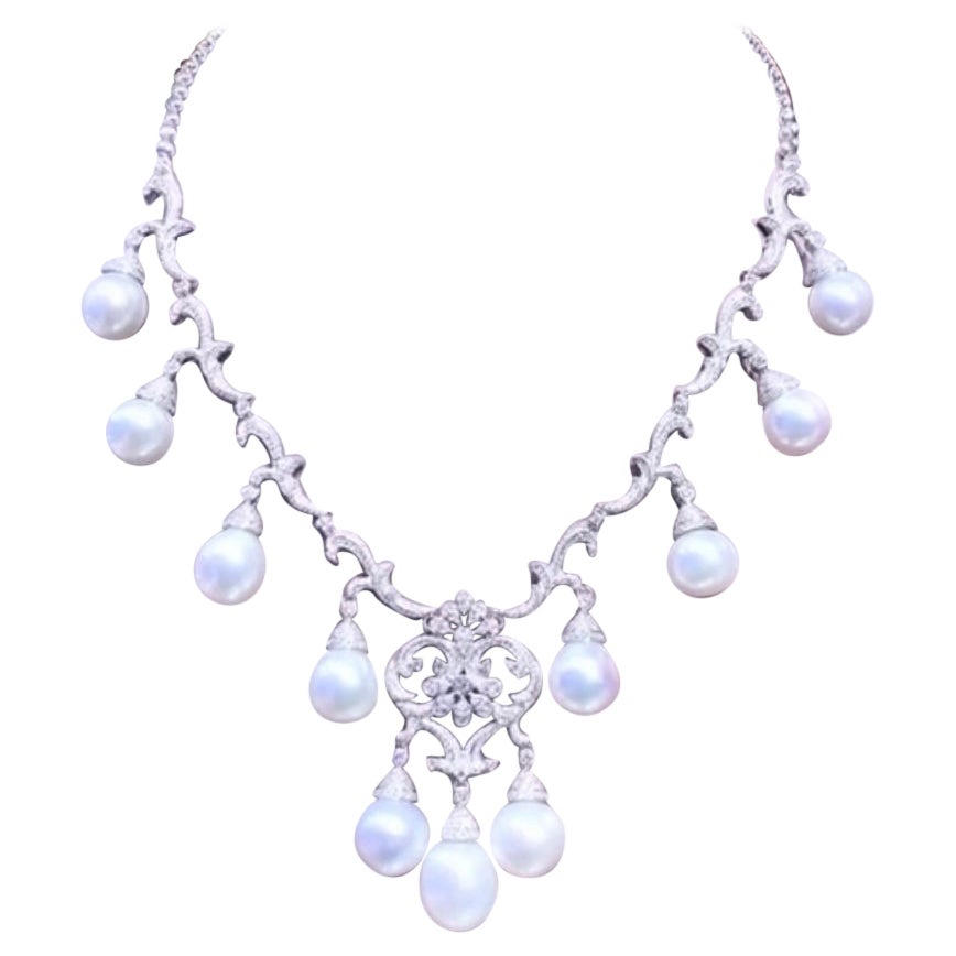 Certified South Sea Pearls   6.00 Carats Diamonds 18k Gold Necklace 