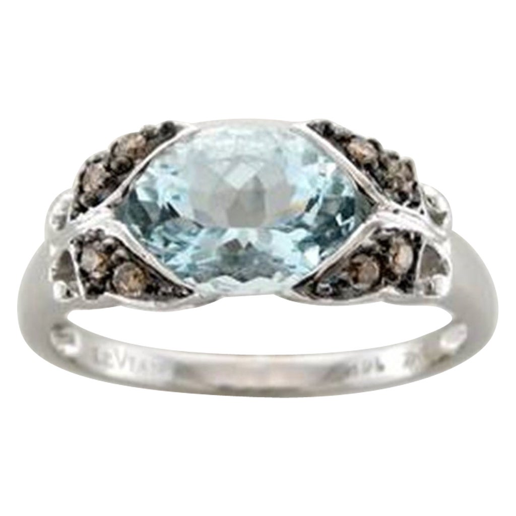 Ring featuring Sea Blue Aquamarine Chocolate Diamonds set in 14K Vanilla Gold For Sale