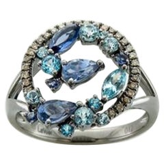 Ring mit Iolith, blauem Topas und schokoladenbraunen Diamanten aus 14 Karat Vanilla-Gold