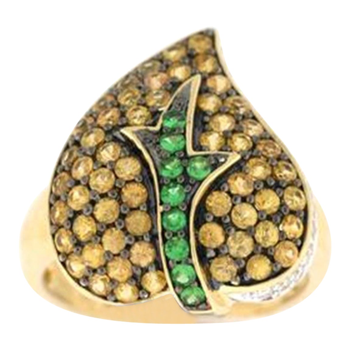 Ring featuring Sapphire, Green Tsavorite Vanilla Diamonds set in 14K Honey Gold For Sale