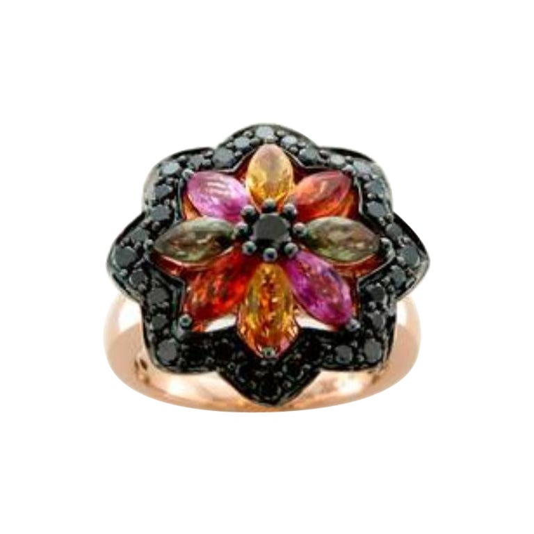 Bague avec saphir vert, rose, orange, jaune et diamants sertis en or 14 carats en vente