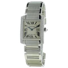Midsize Cartier Tank Francaise 18k White Gold Watch W/ Factory Diamond Bezel